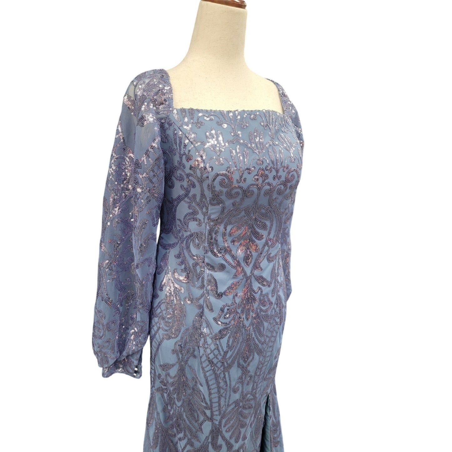Long Sleeved Patterned Sequin Gown in Blue