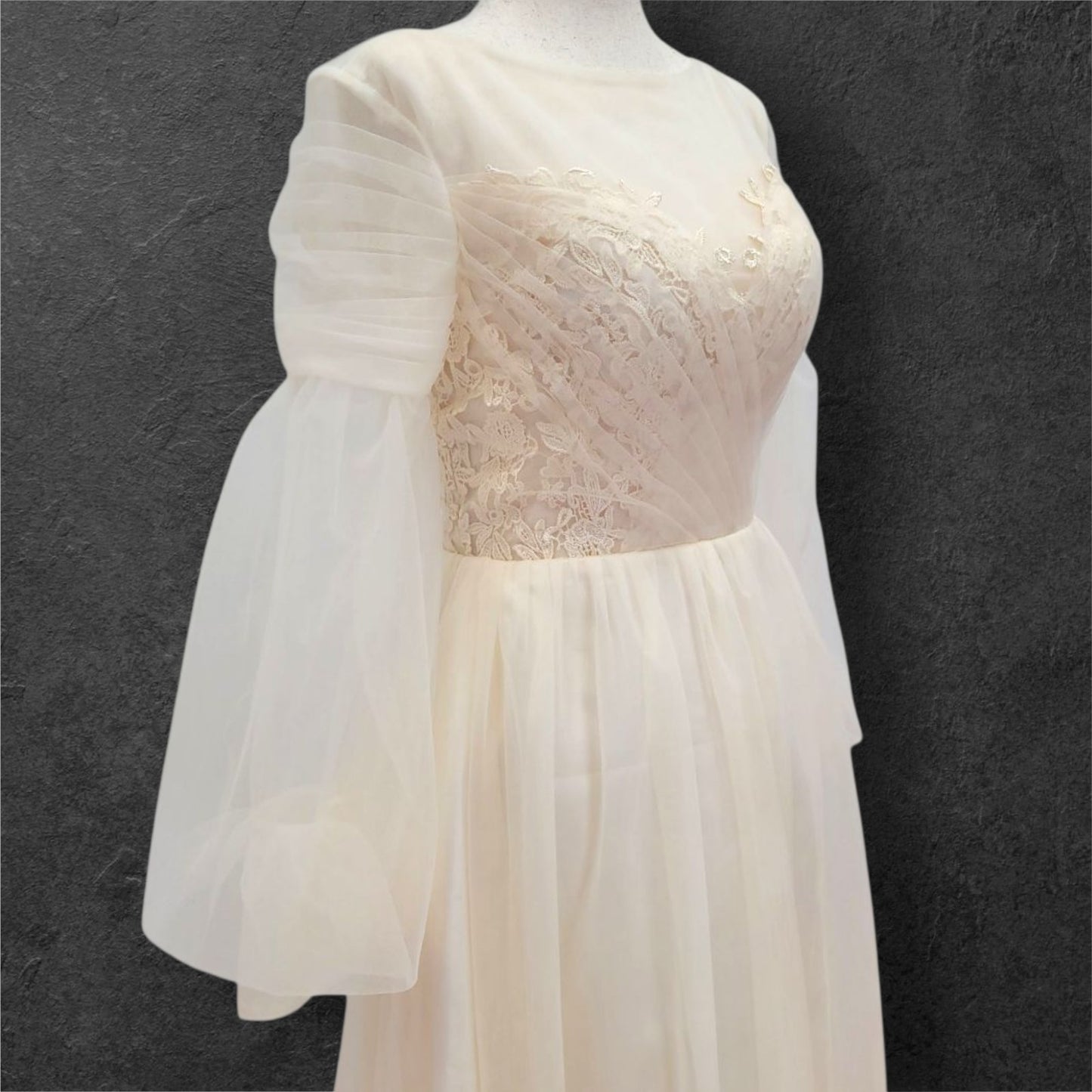 A Line Champagne Wedding Dress with Long Tulle Sleeves and Full Corset