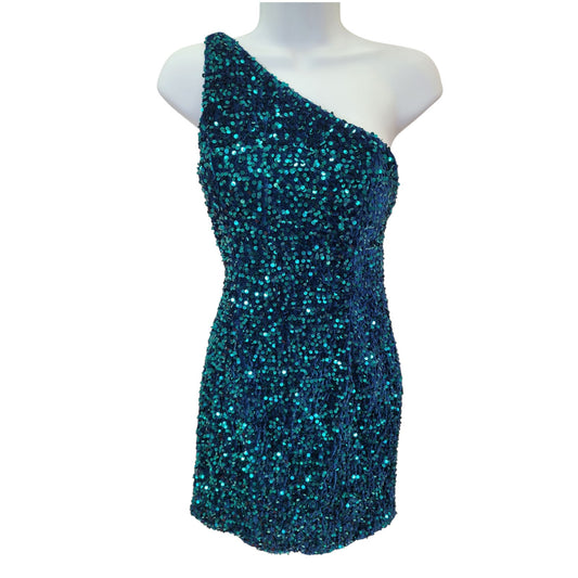 Women's Short One Shoulder Strappy Sequin Dress in Teal Blue