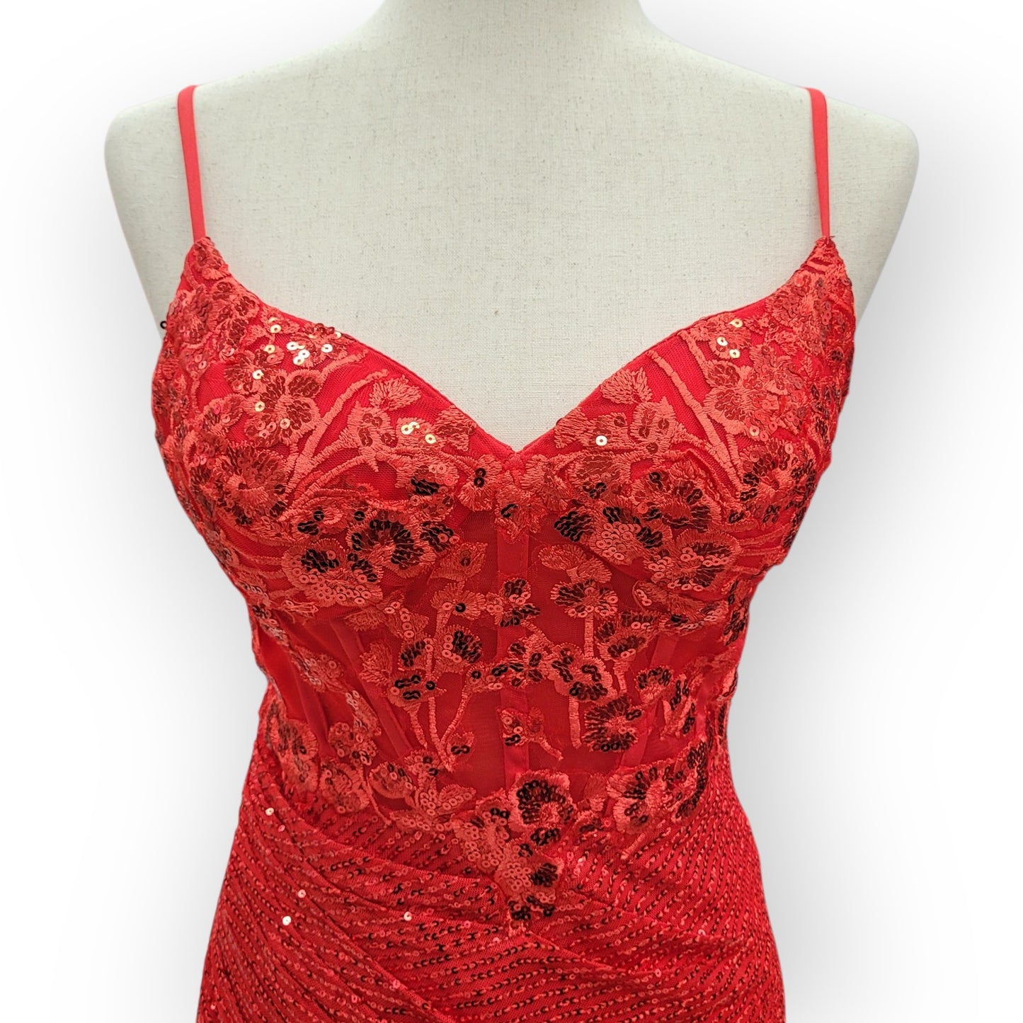 Bright Red Sequin Evening Gown with Detailed Bodice