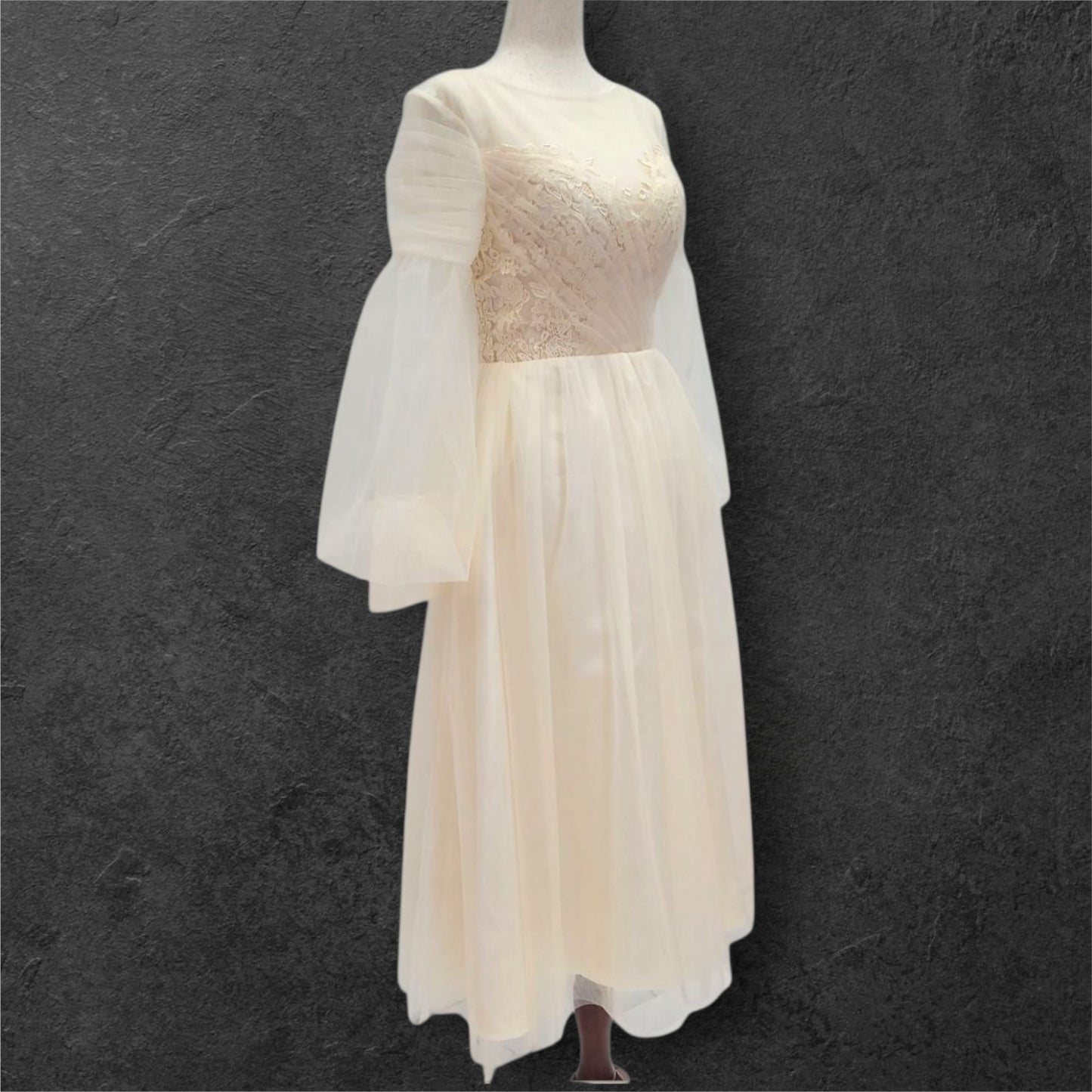 A Line Champagne Wedding Dress with Long Tulle Sleeves and Full Corset