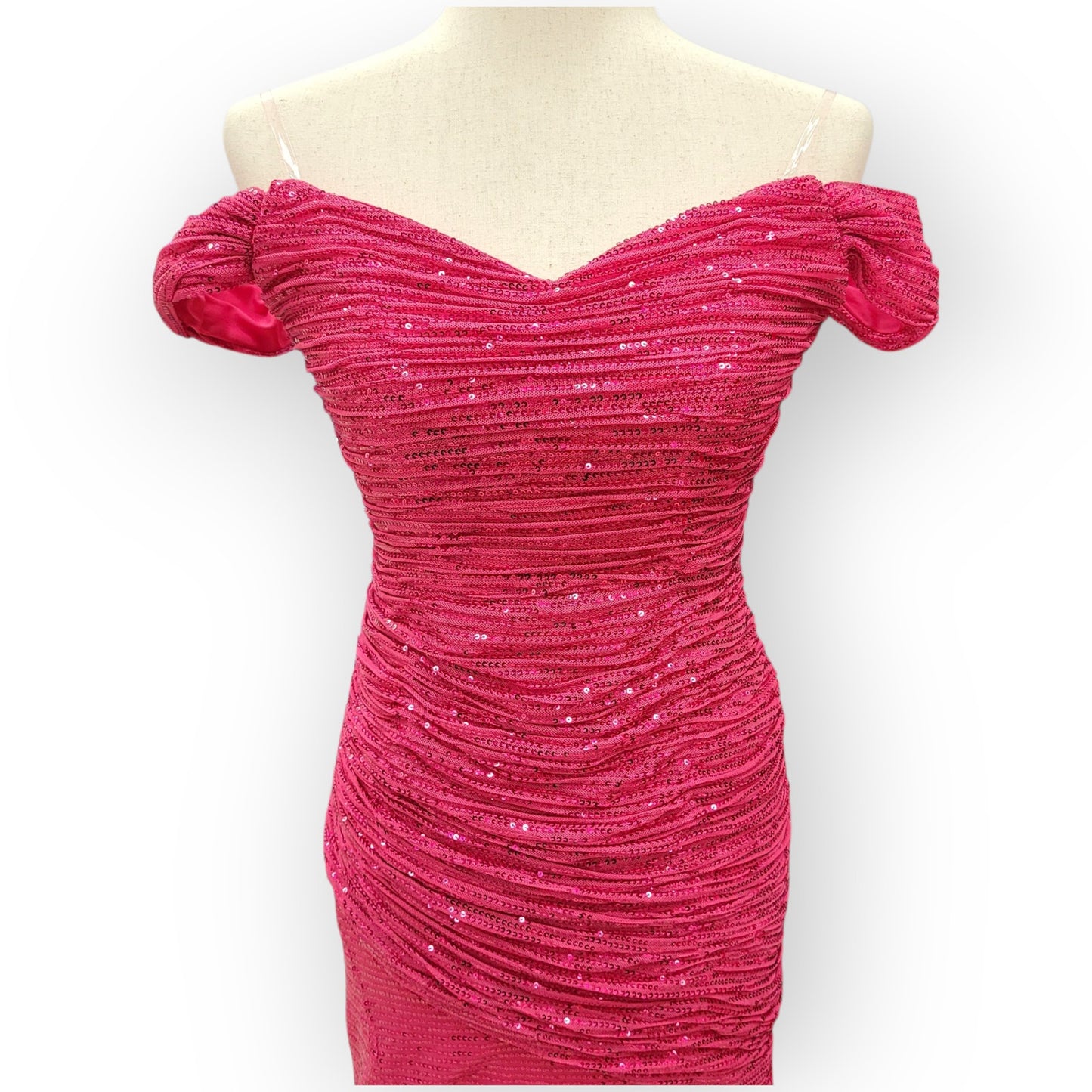 Hot Pink Sequin Evening Gown with Off-Shoulder Sleeves and Train