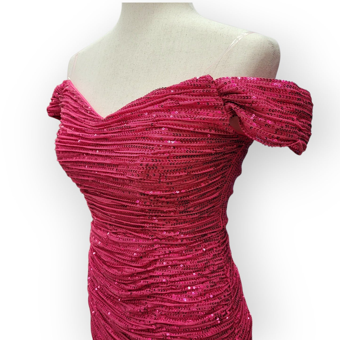 Hot Pink Sequin Evening Gown with Off-Shoulder Sleeves and Train