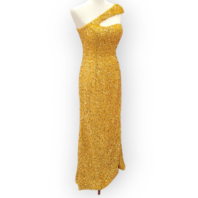 Fitted Gold Sequin Gown with Asymmetric Shoulder Strap