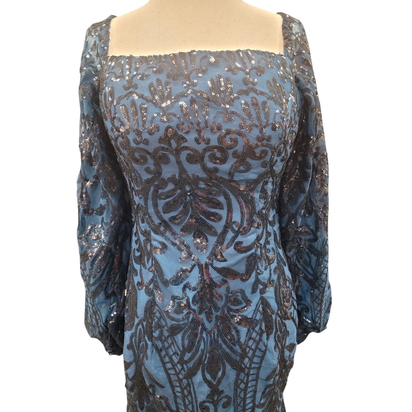 Long Sleeved Patterned Sequin Gown