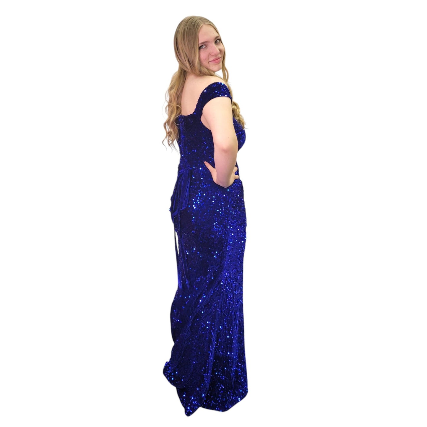 Off Shoulder Sequin Evening Gown with Corset Back on Velvet Fabric