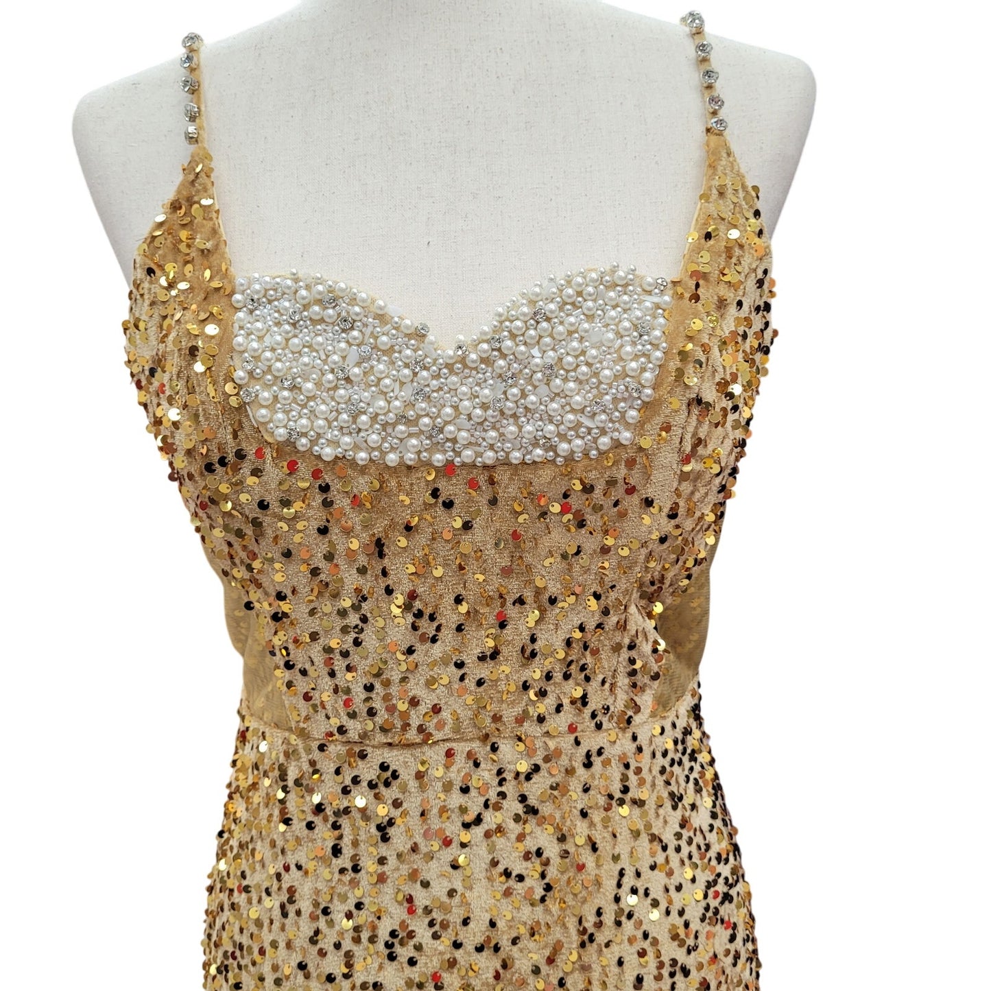 Fitted Gold Sequin Gown with Pearl Detail Bust and Tulle Side Train