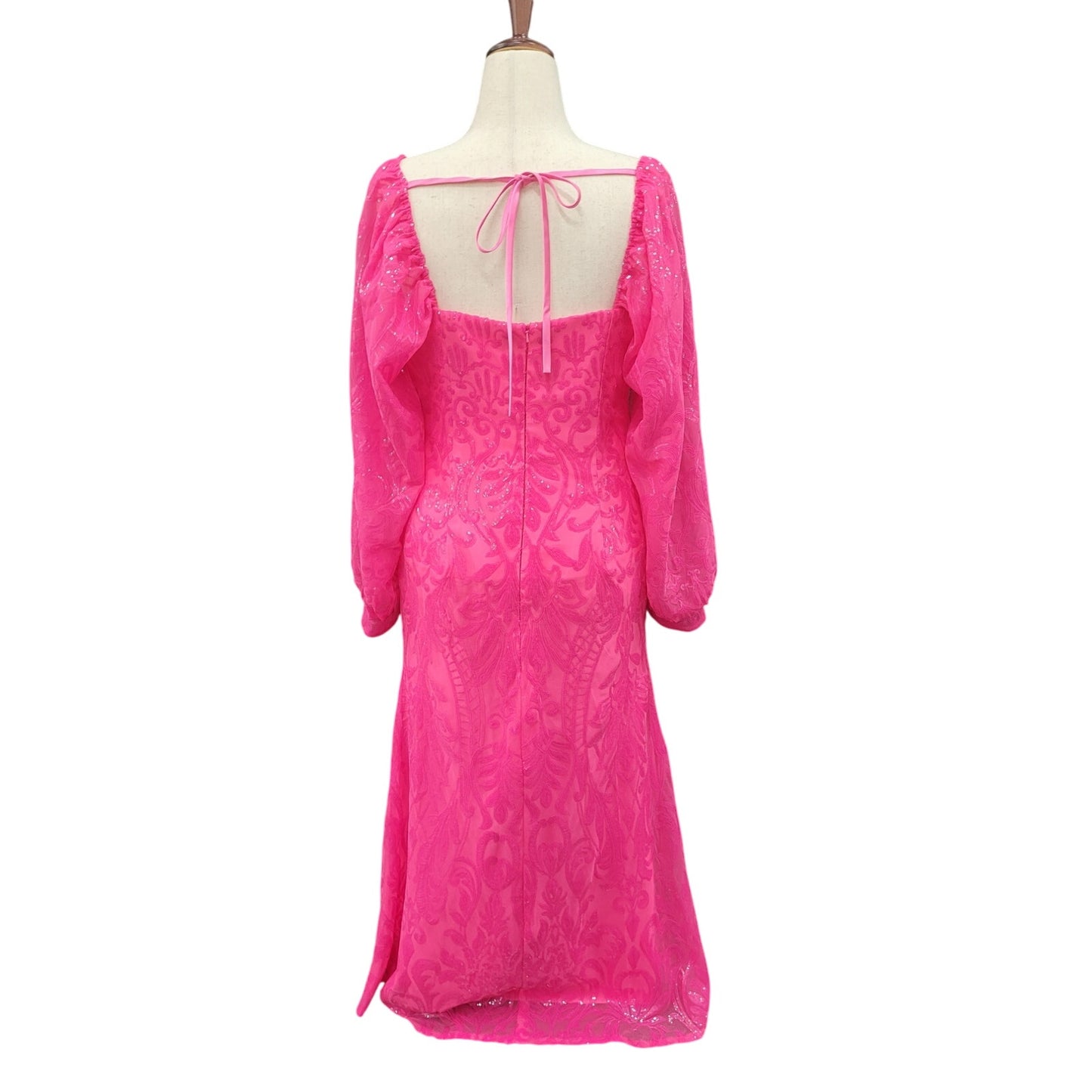 Long Sleeved Patterned Sequin Gown Size 16 Hot Pink