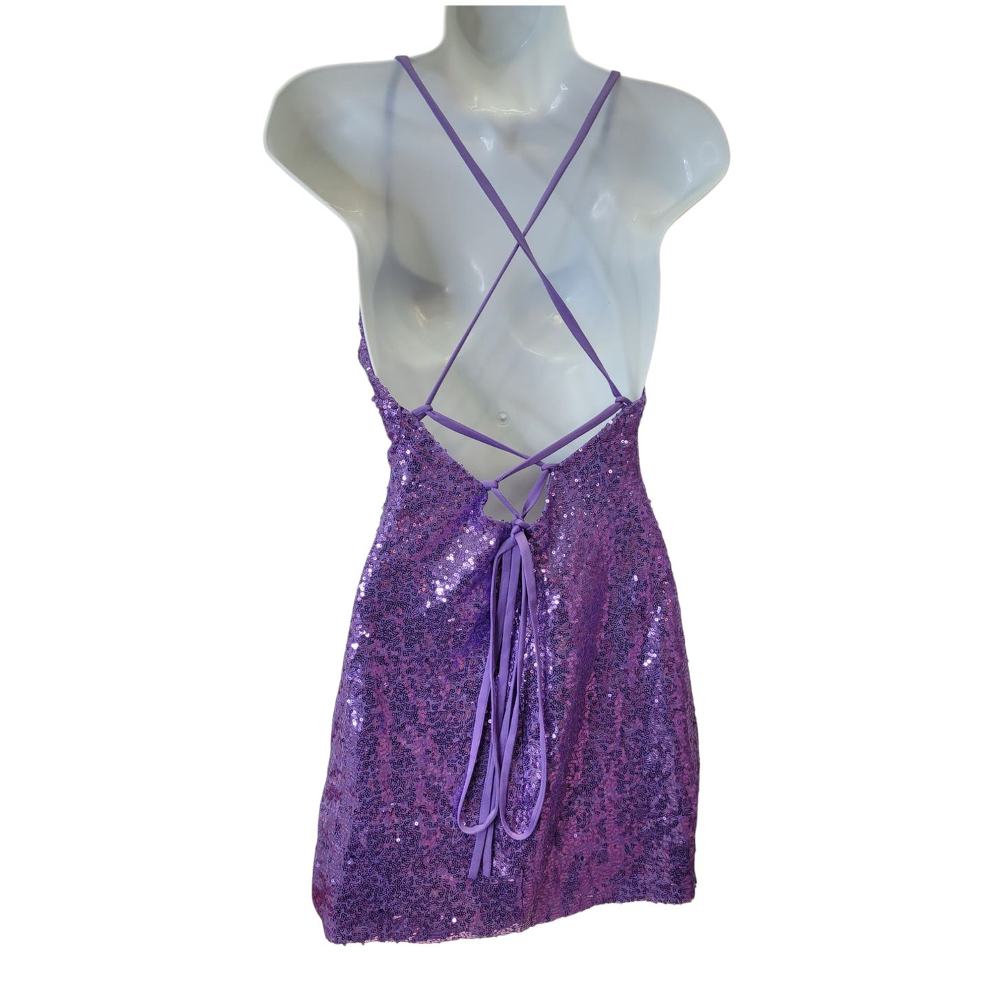 Women's Short Purple Sequin Dress with Strappy Corset Back