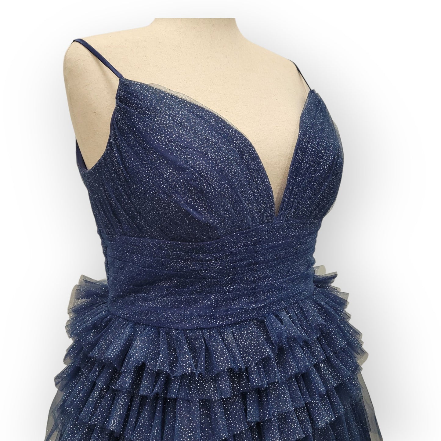 Navy Blue Sparkle Layered Ruffle Cocktail Dress with Corset Back
