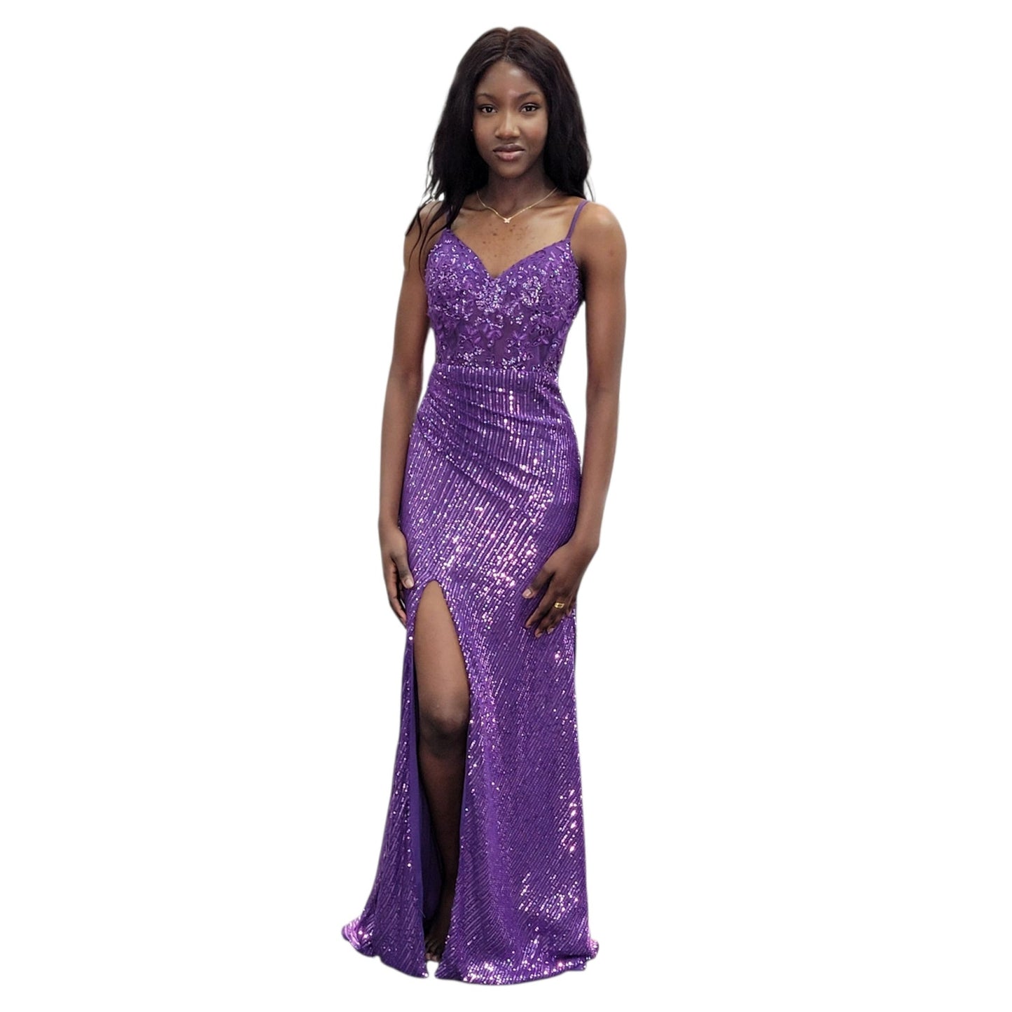 Purple Fitted Sequin Gown with Detailed Bodice and Leg Slit