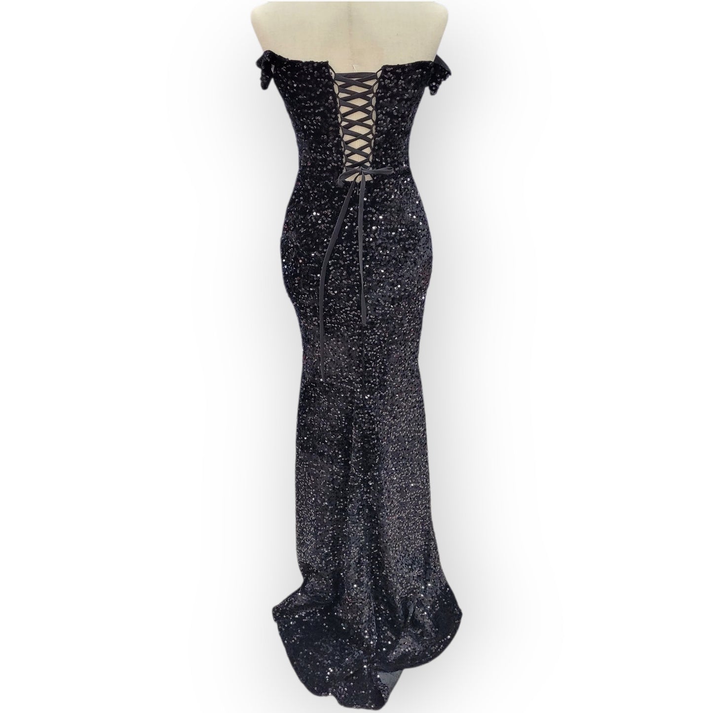 Sultry Off Shoulder Sequin Gown with Corset and Slit