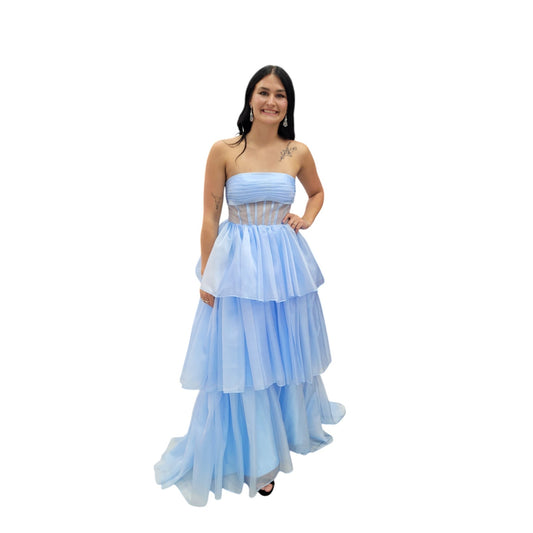 Tiered Strapless Formal Gown with Semi-Sheer Bodice