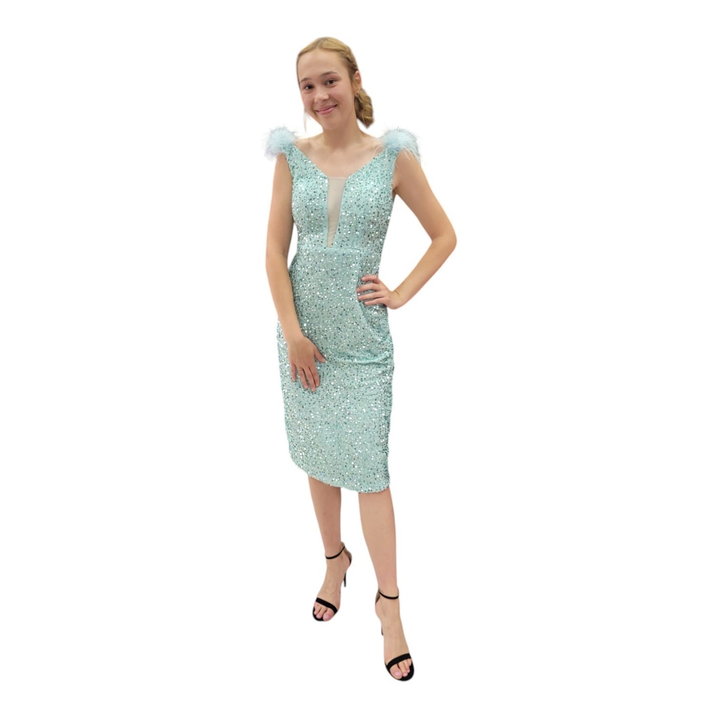 Fun Tea Length Sequin Dress with Feathered Straps