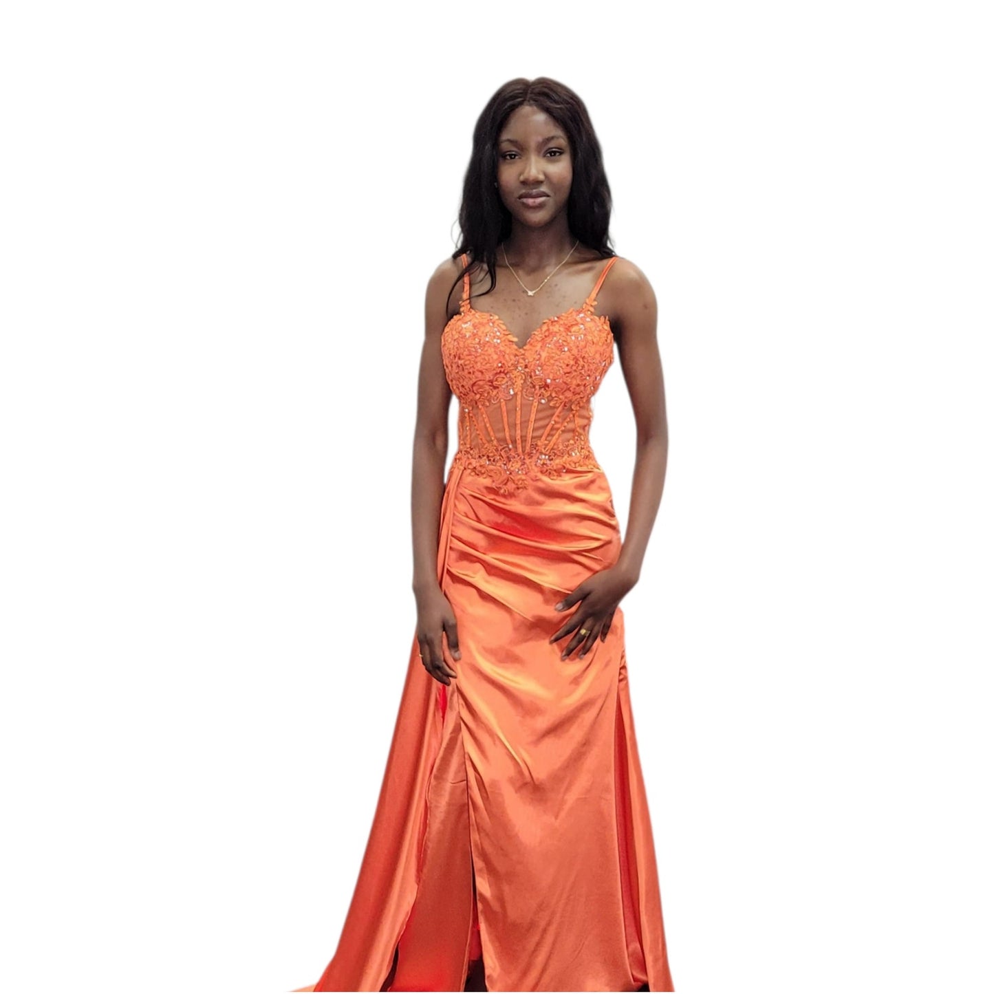 Orange Evening Gown with Detailed Bodice and Silky Satin Skirt
