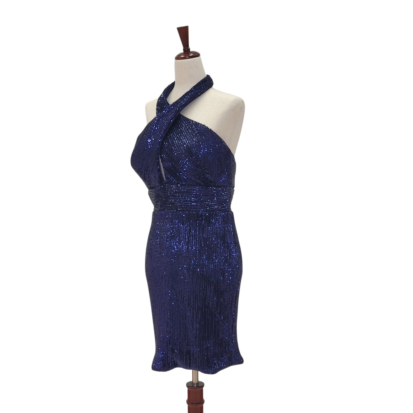 Navy Blue Cross Halter Sequin Cocktail Dress with Peekaboo Cutout