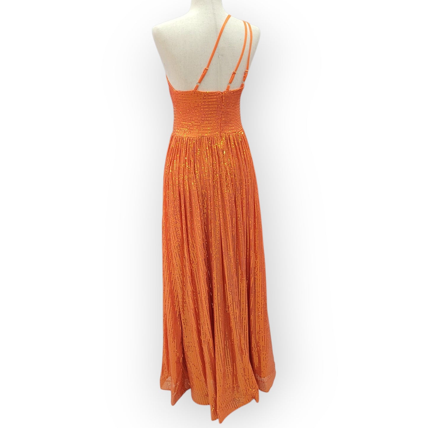 Orange One Shoulder A-Line Gown with Gathered Skirt and Three Straps Across Back