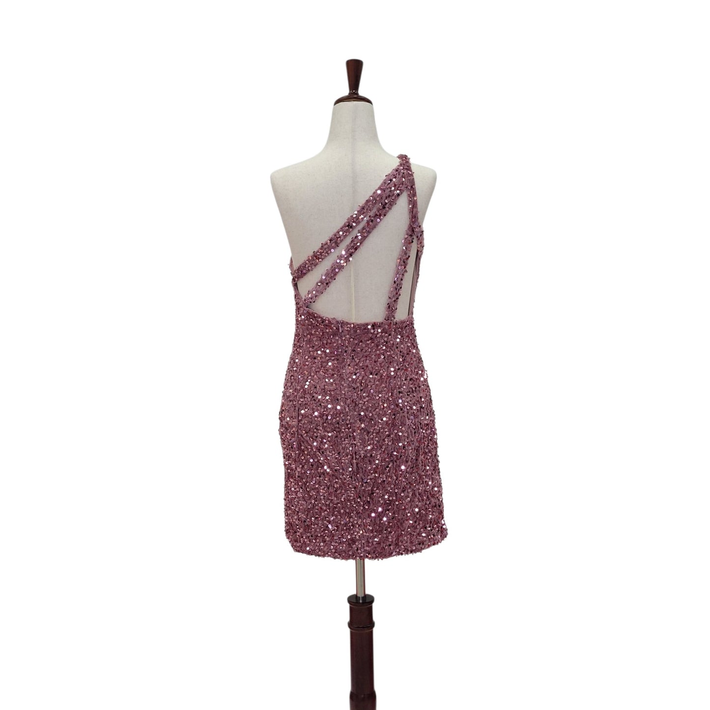 Women's Short One Shoulder Strappy Sequin Dress in Pink Mauve