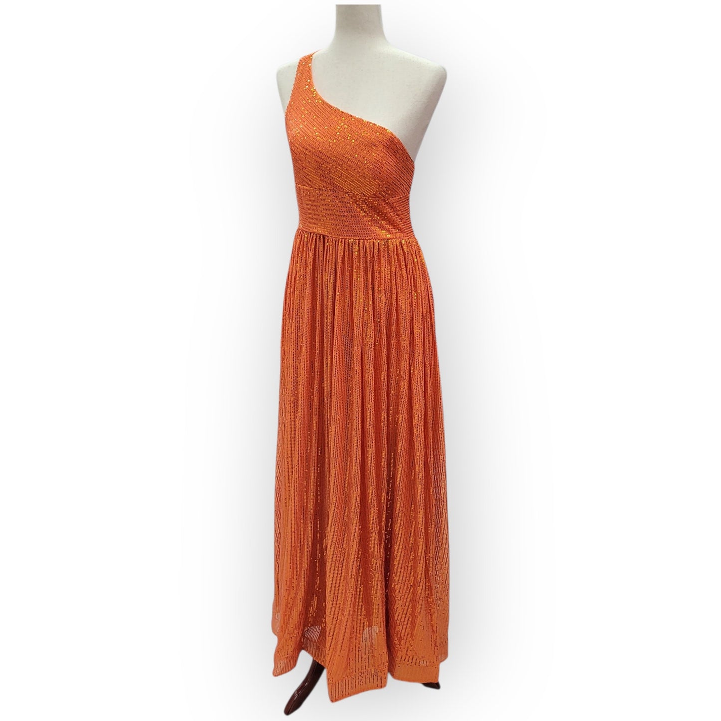 Orange One Shoulder A-Line Gown with Gathered Skirt and Three Straps Across Back