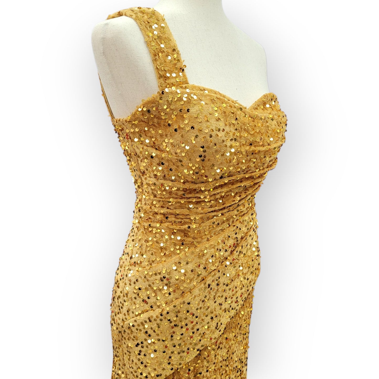 Gold One Shoulder Evening Gown with Gathered Waist and Corset Back