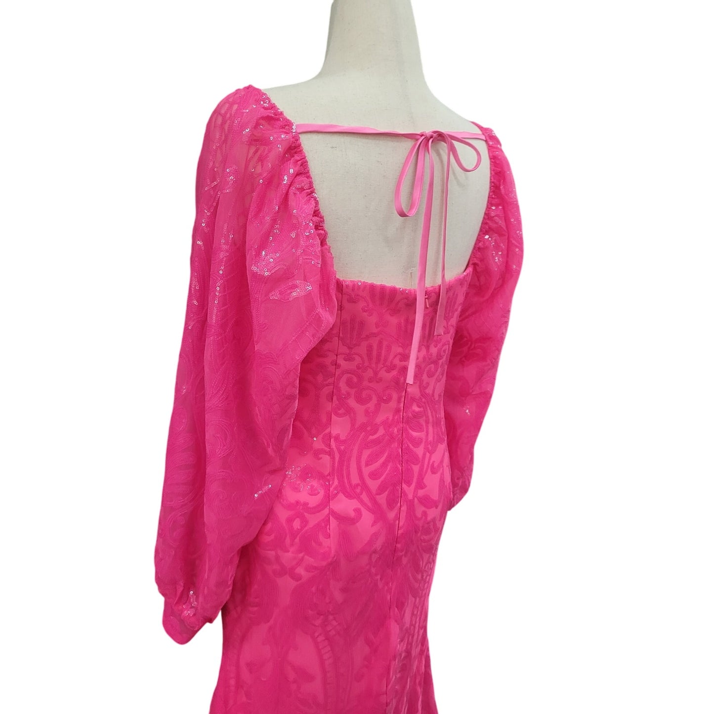 Long Sleeved Patterned Sequin Gown Size 16 Hot Pink