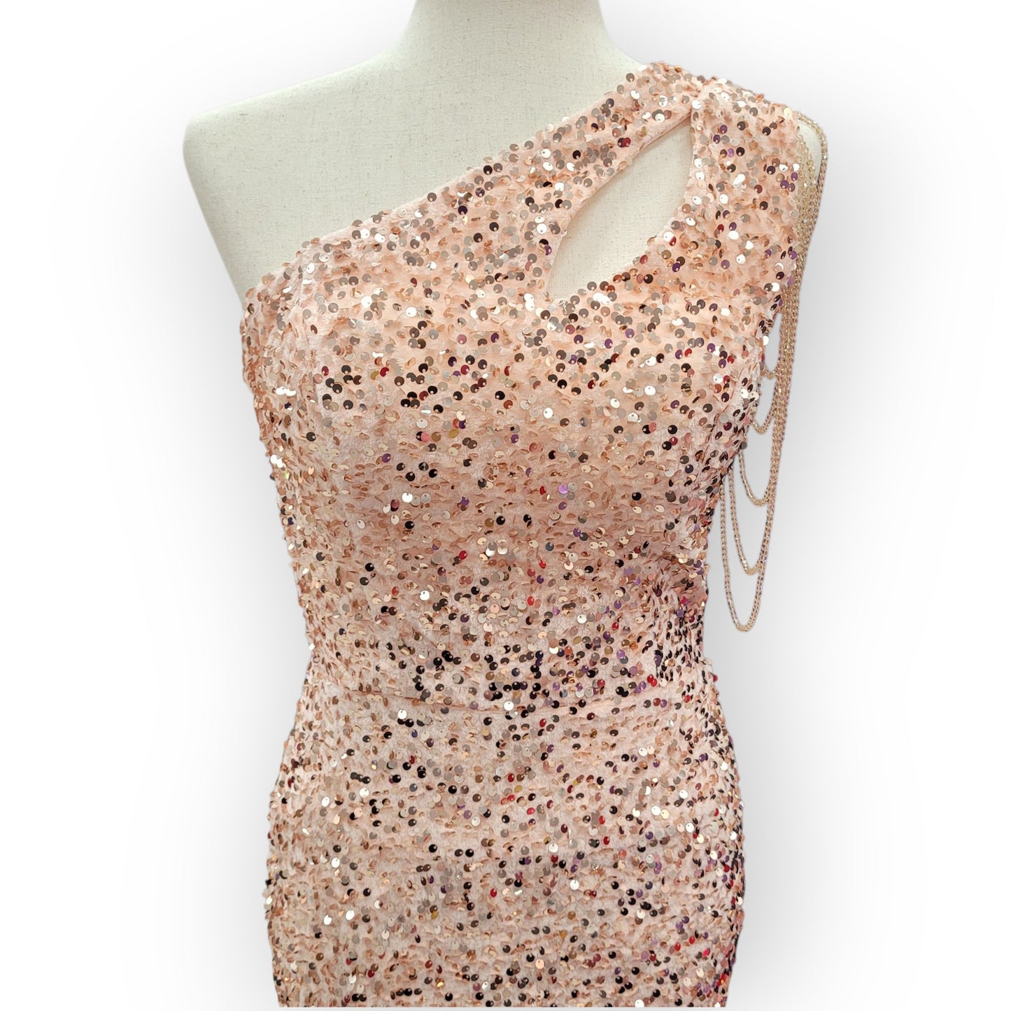 Rose Gold One Shoulder Cutout Sequin Gown with Train and Beaded Shoulder Overlay