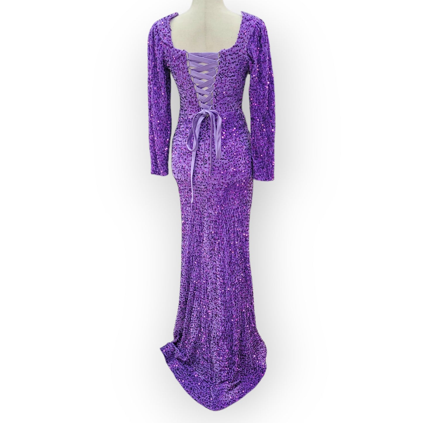 Fitted Long Sleeve Sequin Gown with Leg Slit and Corset Back