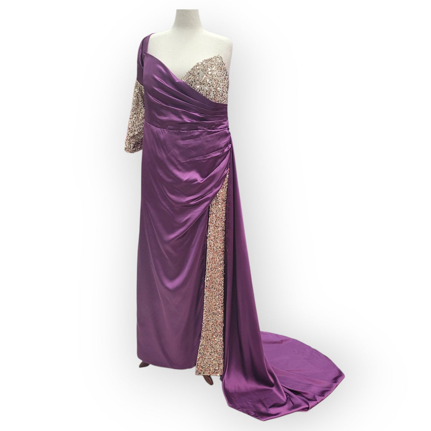 Asymmetric Purple Gown with Gold Sequins and Side Train