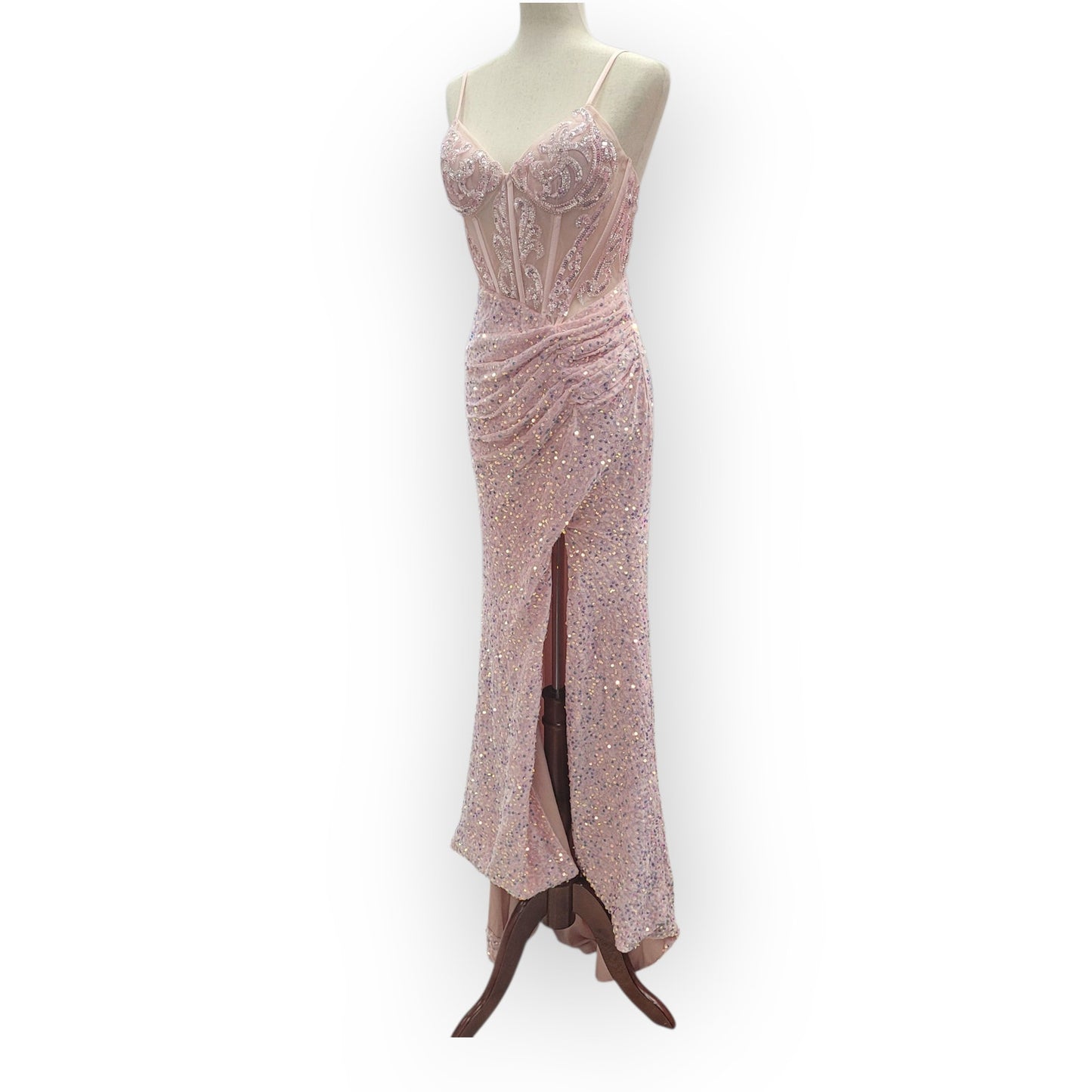 Light Pink Sequin Gown with Detailed Bodice