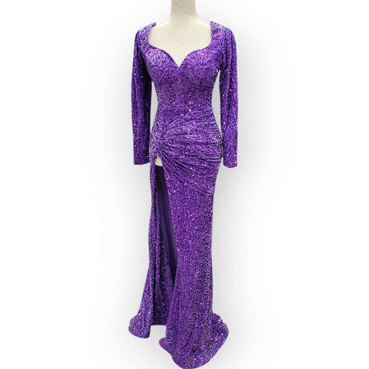 Fitted Long Sleeve Sequin Gown with Leg Slit and Corset Back
