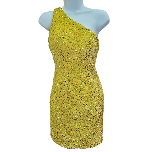 Women's Short One Shoulder Strappy Sequin Dress in Yellow