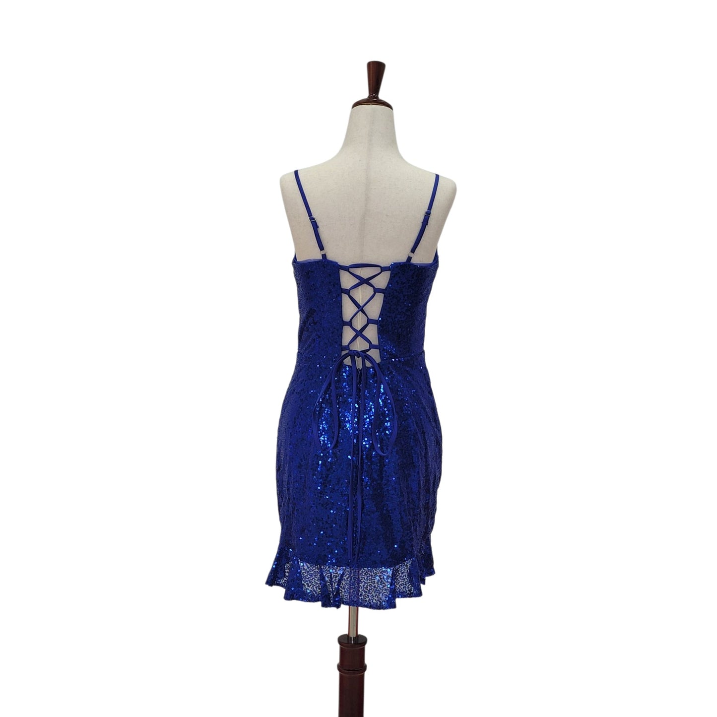 Women's Short Royal Blue Sequin Dress with Corset Back