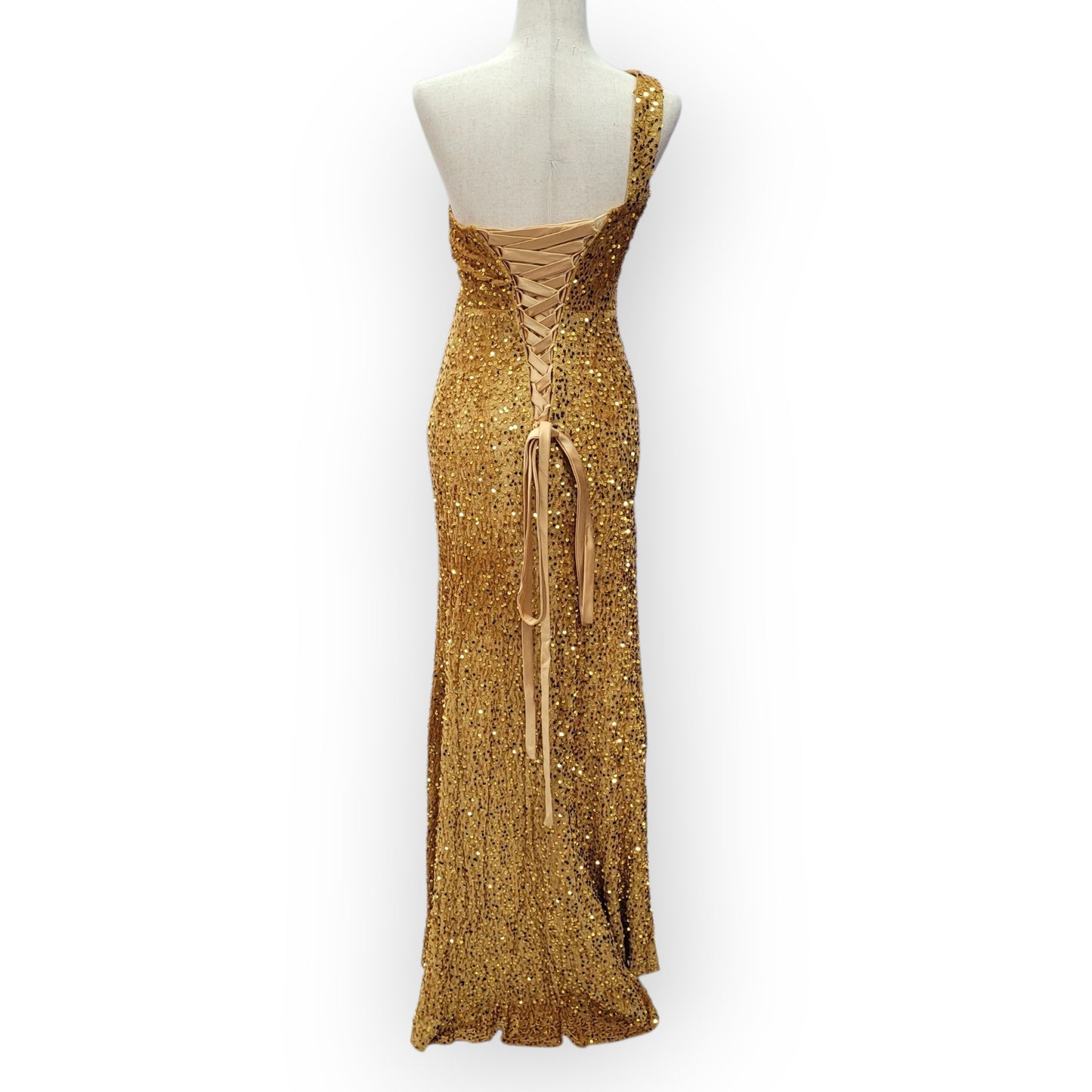 Gold One Shoulder Evening Gown with Gathered Waist and Corset Back