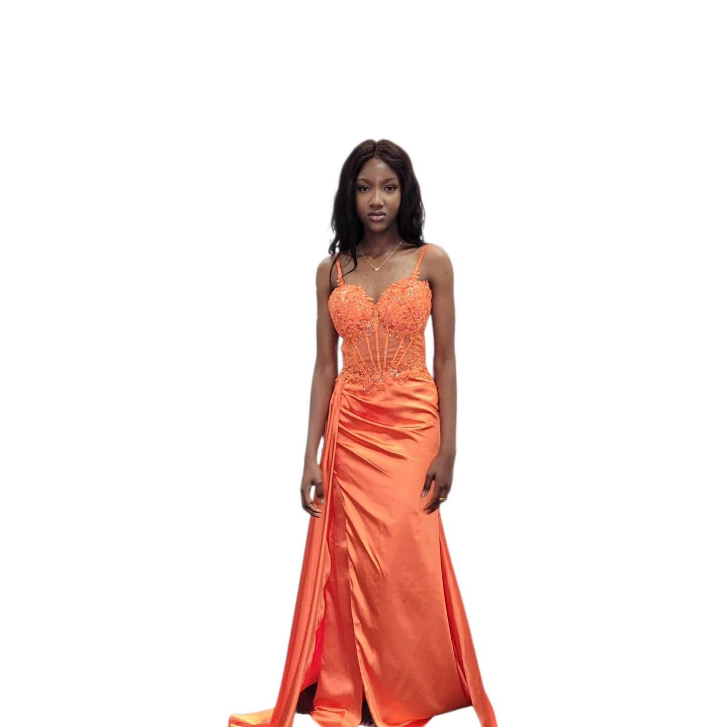 Orange Evening Gown with Detailed Bodice and Silky Satin Skirt