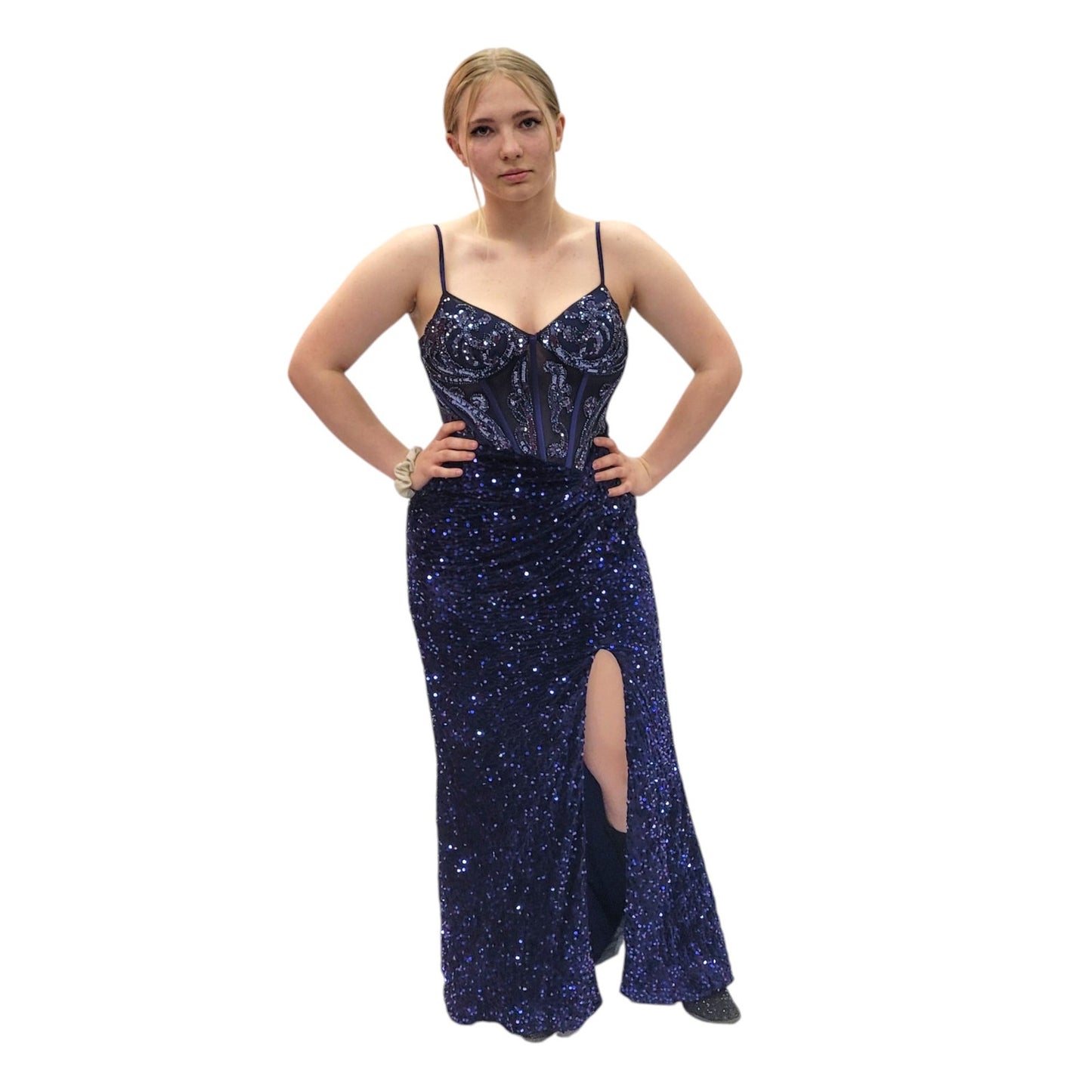 Sequin Evening Gown with Detailed Bodice and Leg Slit