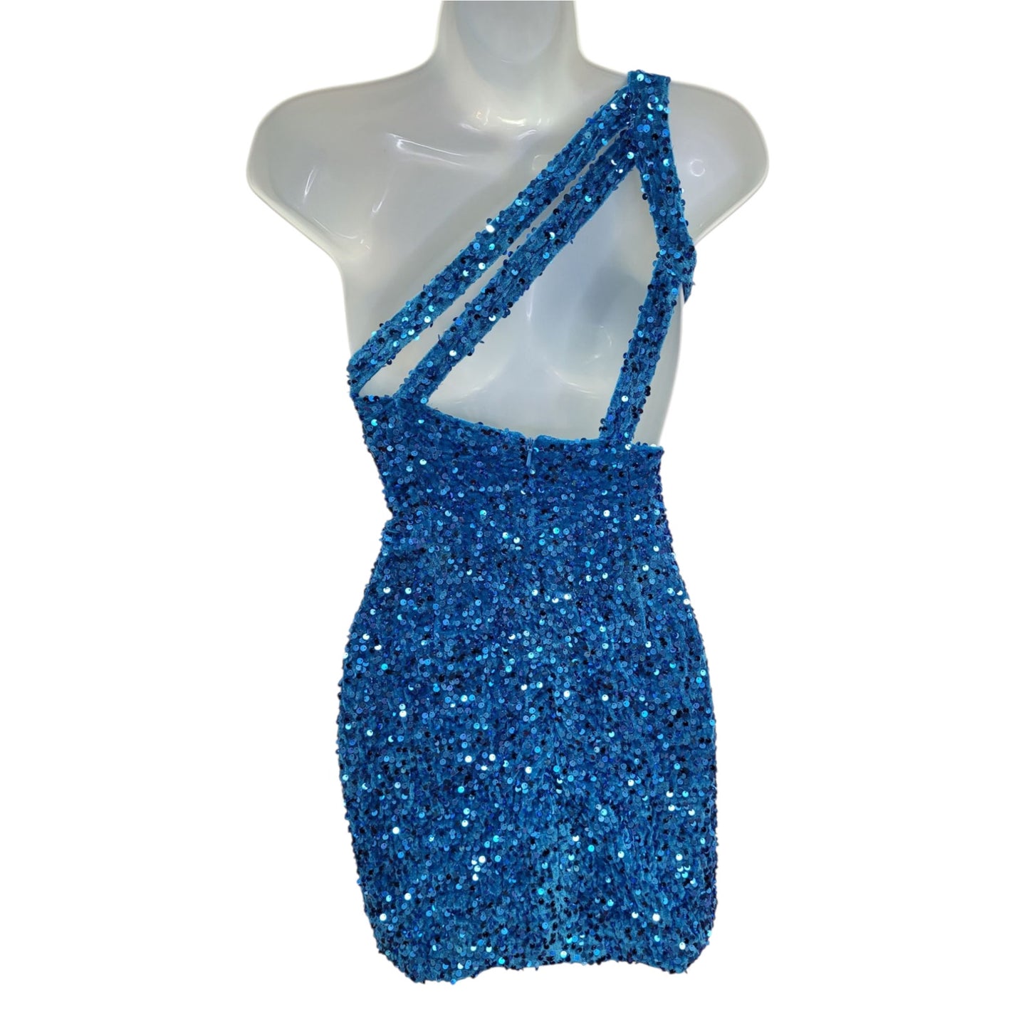 Women's Short One Shoulder Strappy Sequin Dress in Sky Blue