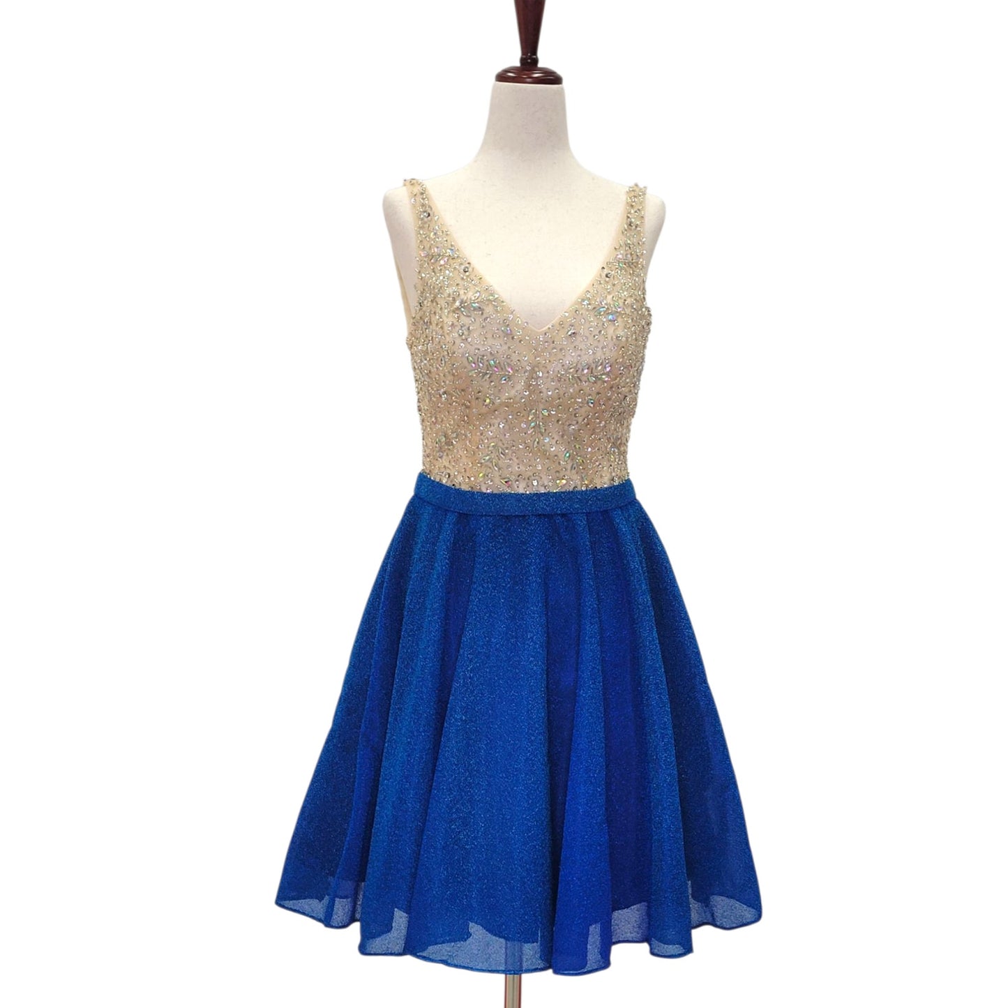 Blue and Gold Short Dress with Beautiful Detailed Gem Bodice