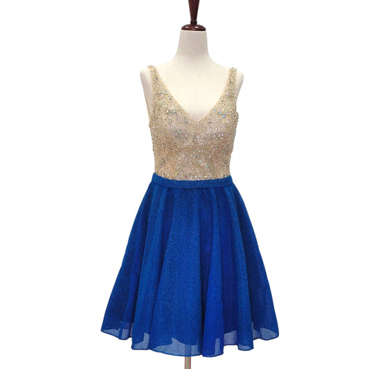 Blue and Gold Short Dress with Beautiful Detailed Gem Bodice