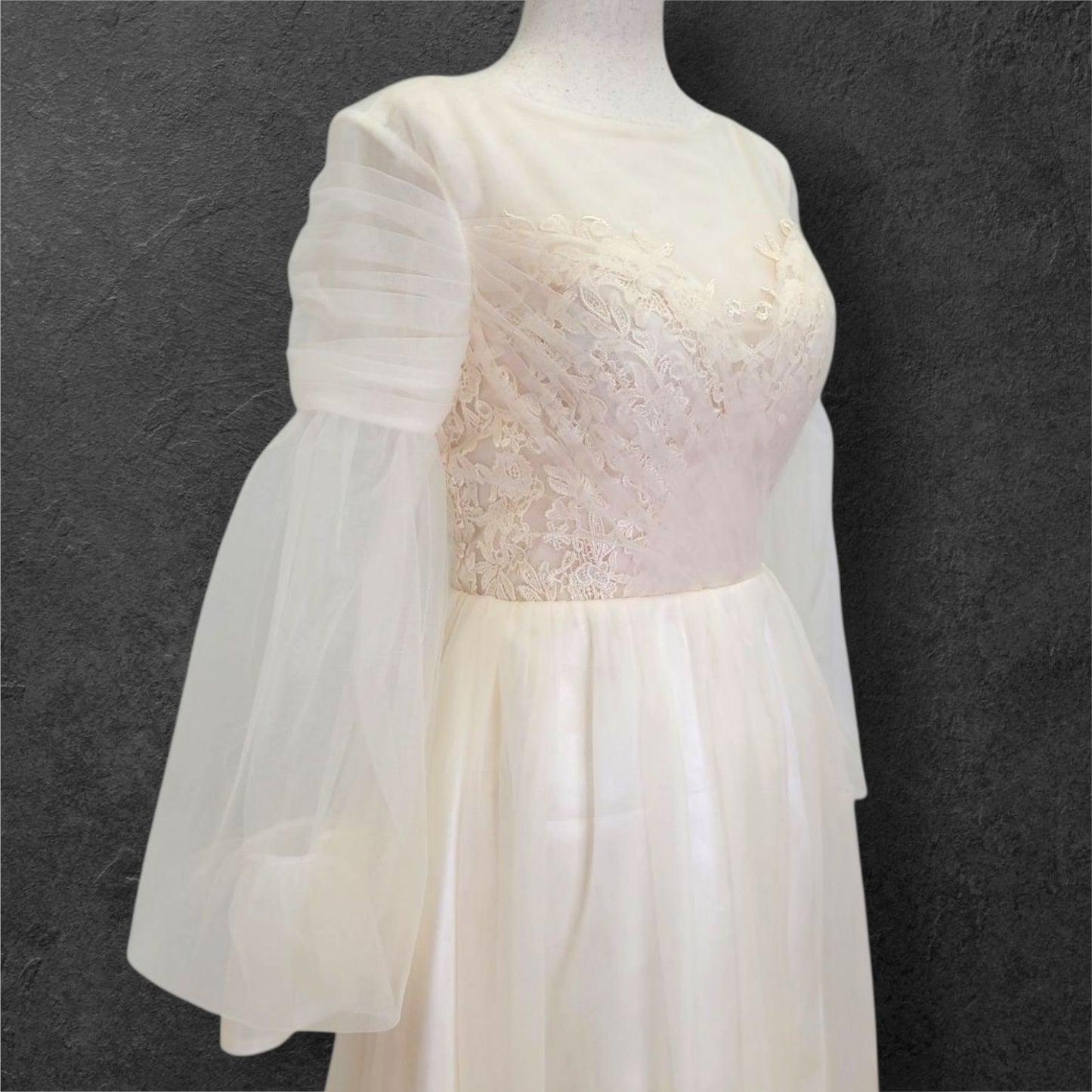 A Line Champagne Wedding Dress with Long Tulle Sleeves and Full Corset