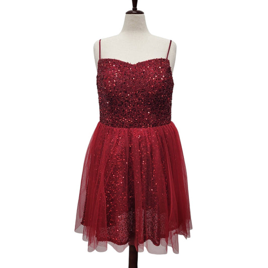 Red Short Cocktail Dress Sequin Top Tulle Skirt Size 18 XL