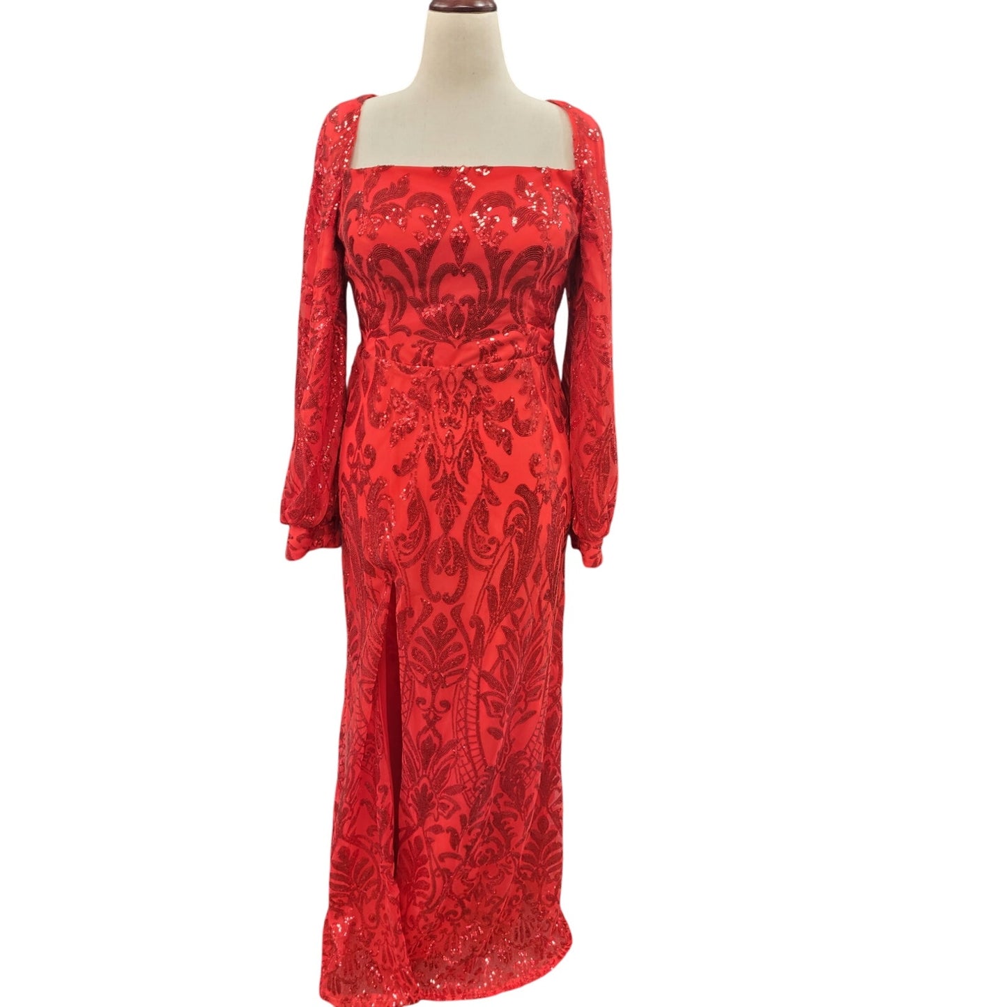 Long Sleeved Patterned Sequin Gown Bright Red Size 12