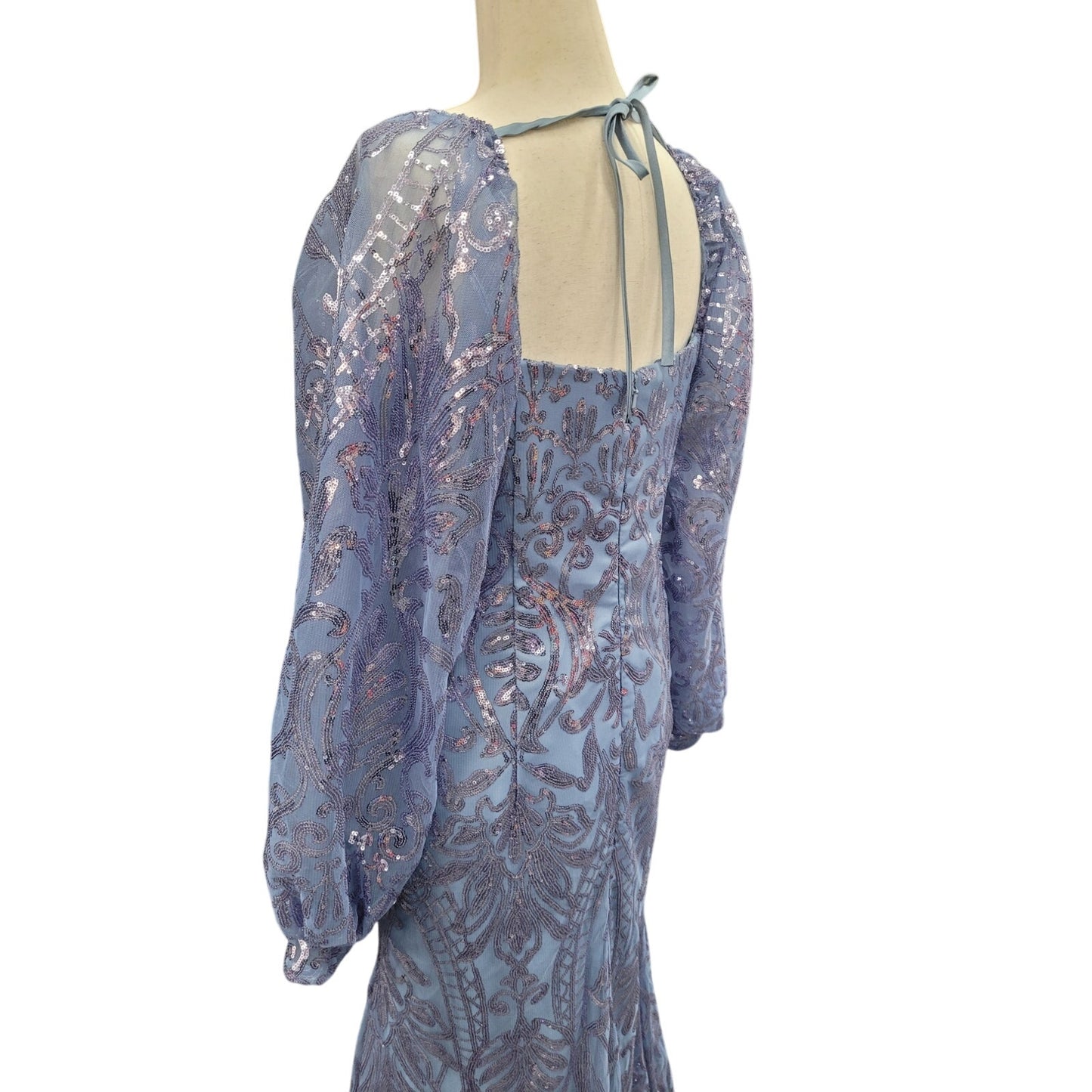 Long Sleeved Patterned Sequin Gown in Blue