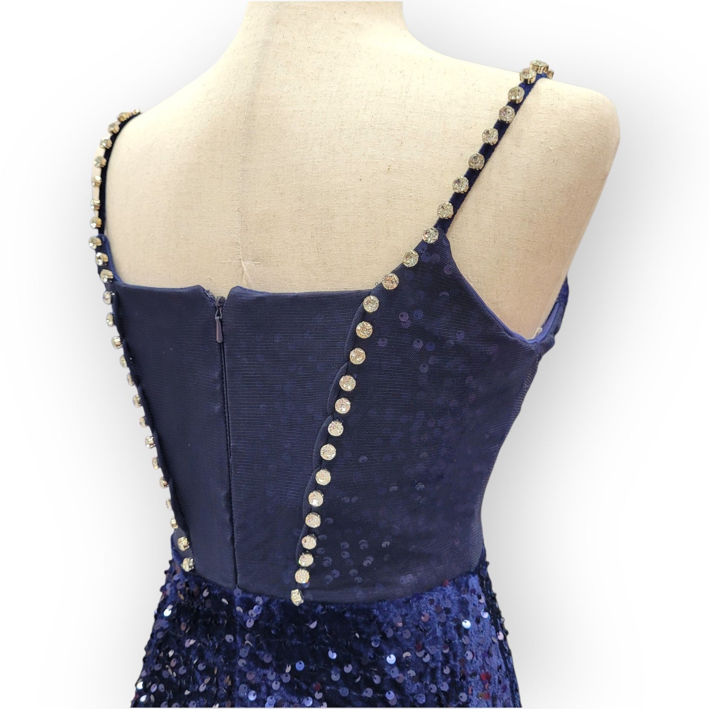 Fitted Navy Blue Sequin Gown with Pearl Detail Bust and Tulle Side Train