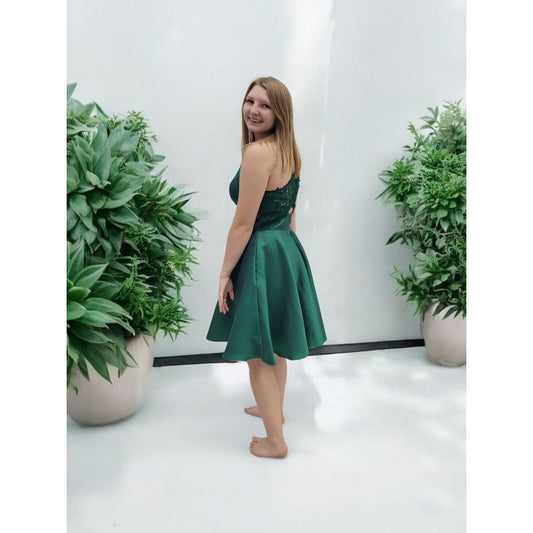 Emerald Green Cocktail Dress with Lace Back and Cutout
