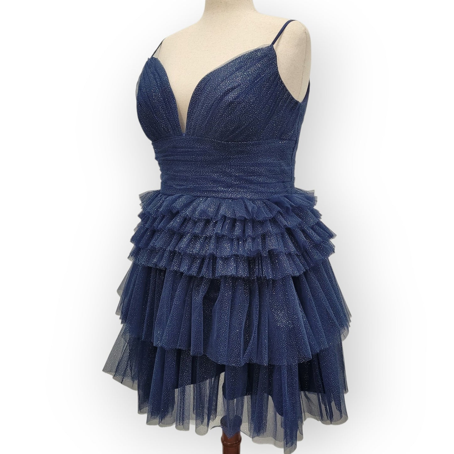 Navy Blue Sparkle Layered Ruffle Cocktail Dress with Corset Back