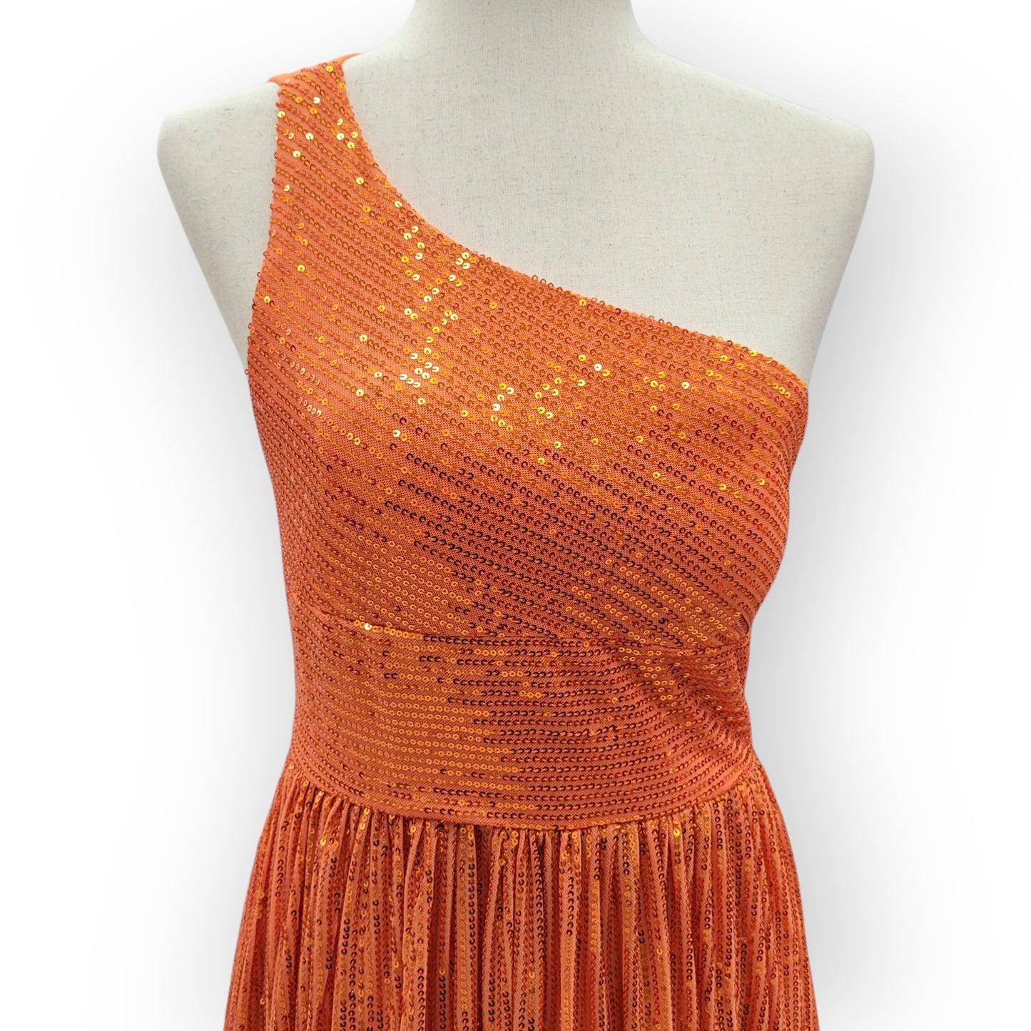 Orange One Shoulder A-Line Gown with Gathered Skirt and Three Straps Across Back