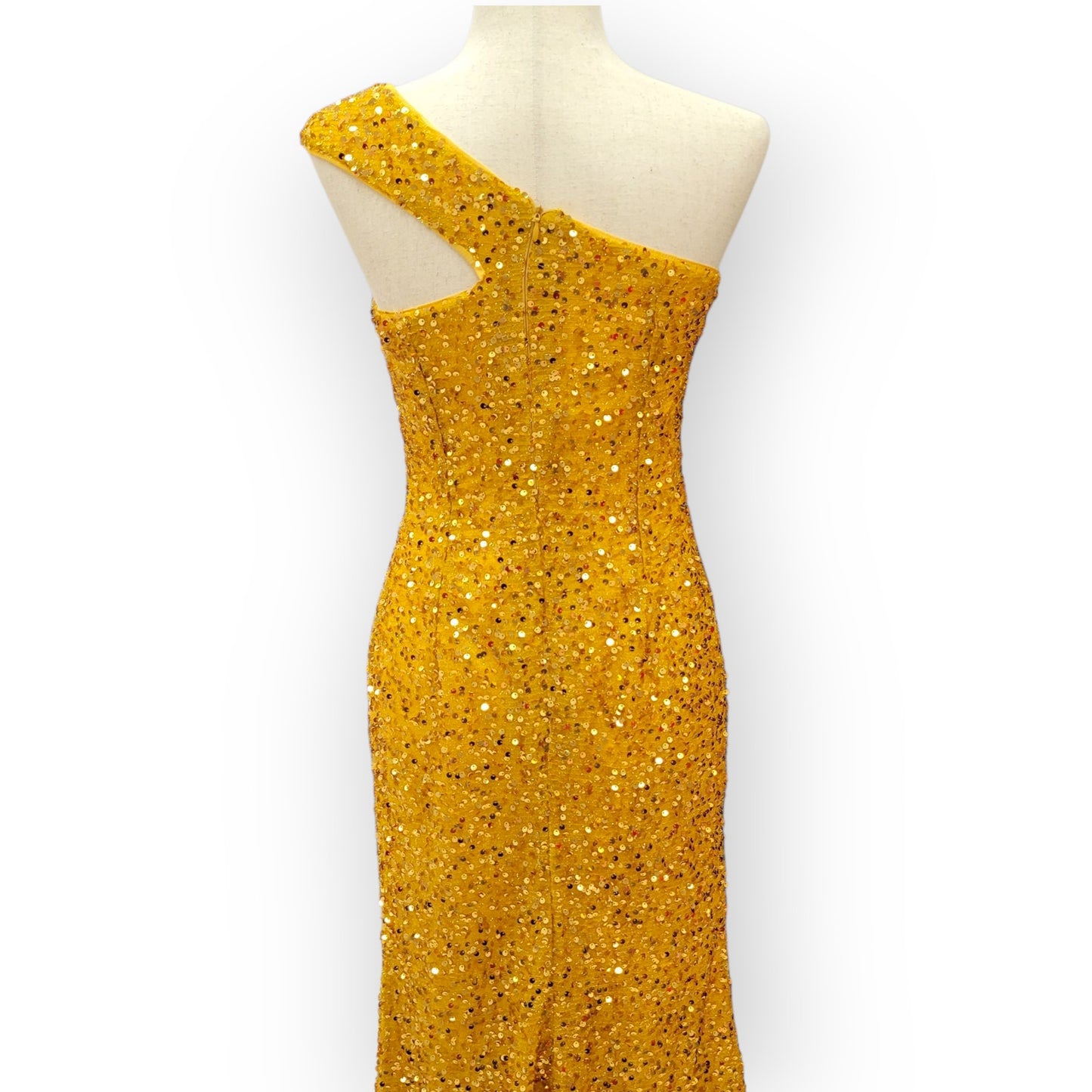 Fitted Gold Sequin Gown with Asymmetric Shoulder Strap