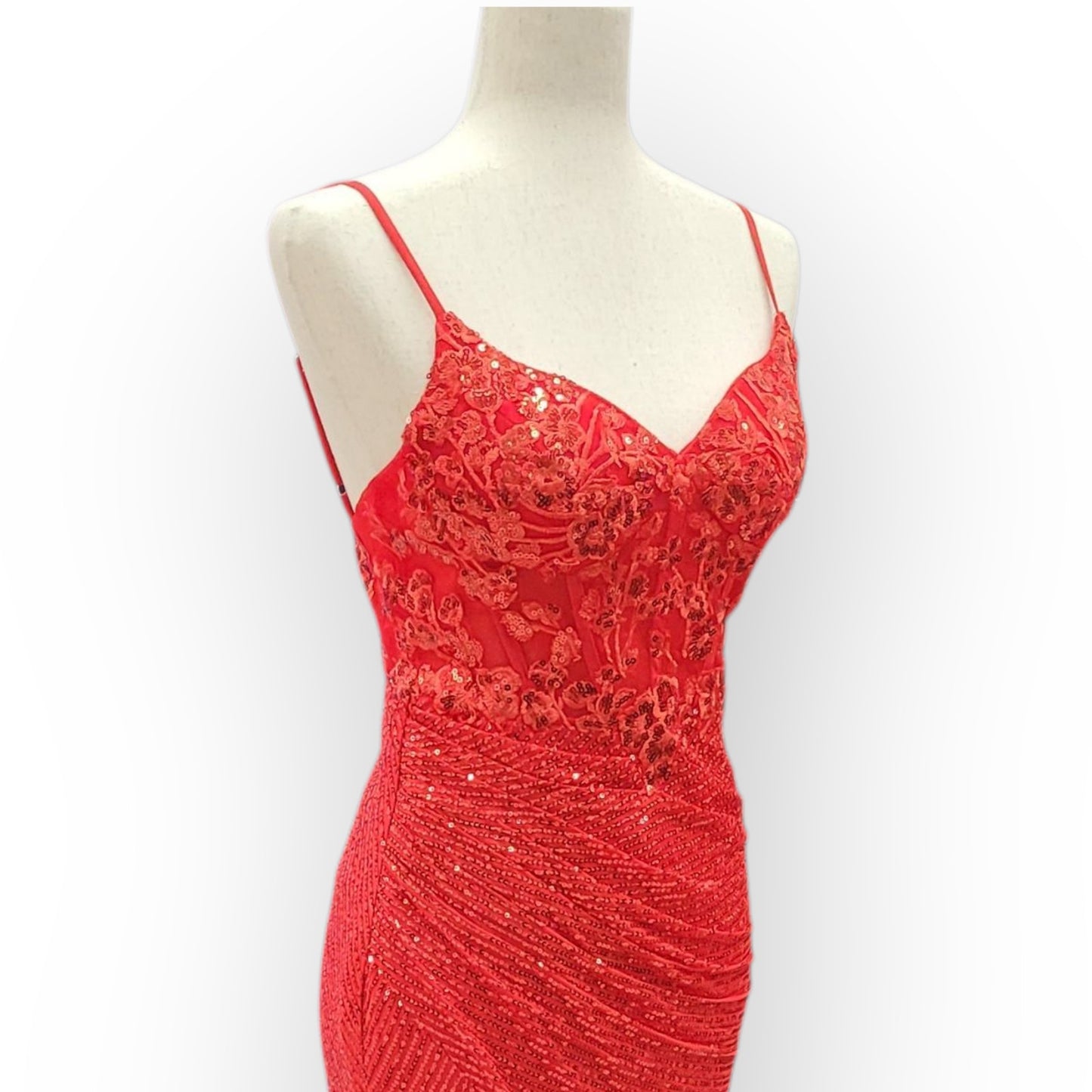 Bright Red Sequin Evening Gown with Detailed Bodice