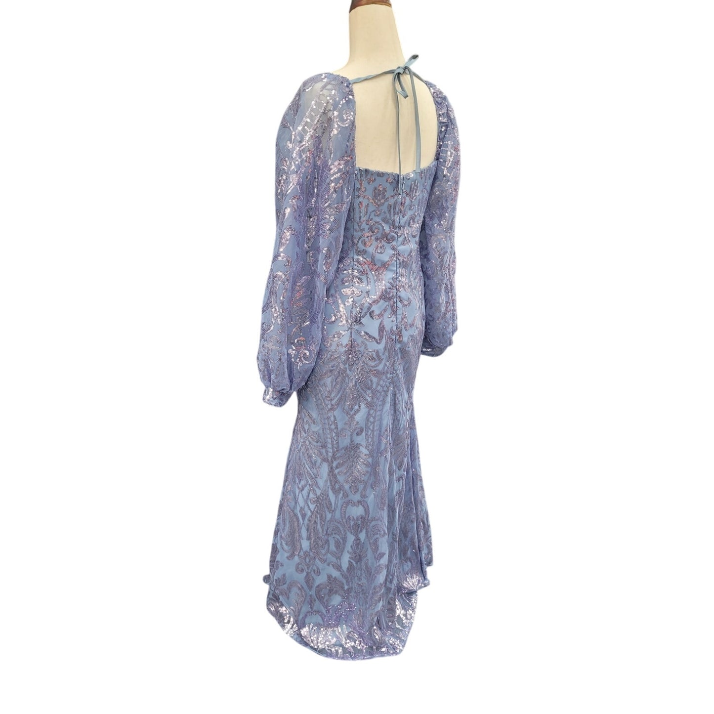 Long Sleeved Patterned Sequin Gown in Blue