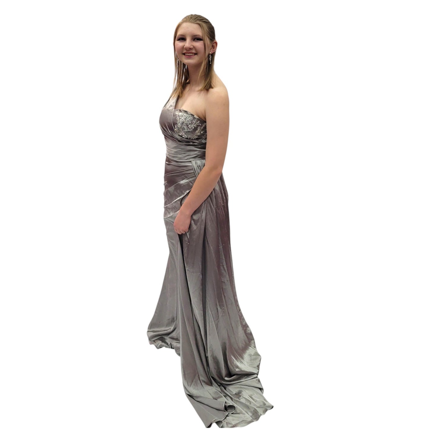 One Shoulder Silky Satin Evening Gown with Full Corset Back and Side Train